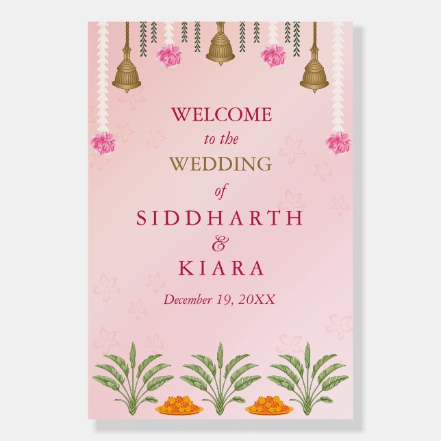 Pink Wedding welcome sign, Floral Theme Indian Foam Board (Front)