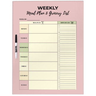 Pink Weekly Meal Plan & Grocery List - Dry Erase Board