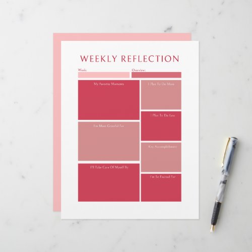 Pink Weekly Reflection Planner Printable Worksheet Letterhead