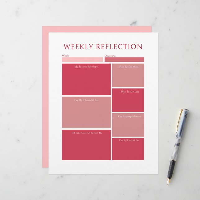 Pink Weekly Reflection Planner Printable Worksheet Letterhead (Front/Back In Situ)