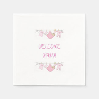 Pink Welcome Baby Cute Simple Baby Shower Napkins
