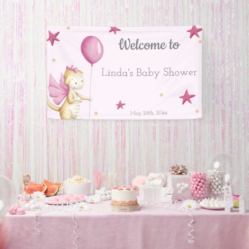 Pink Welcome Girl Baby Shower Dragon Party Banner