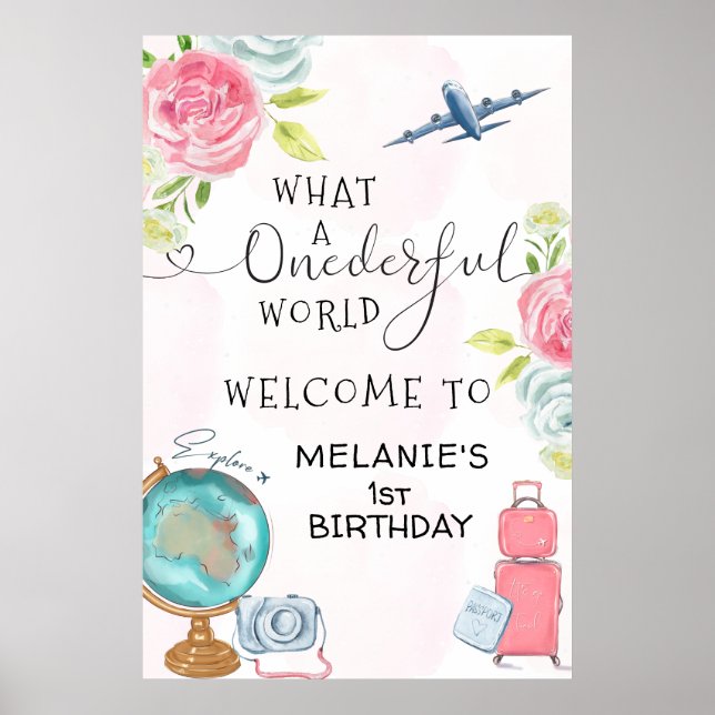Pink Welcome ONEderful World 1st First Birthday Poster (Front)