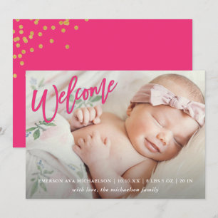 Pink Welcome Script with Faux Gold Confetti Birth Announcement