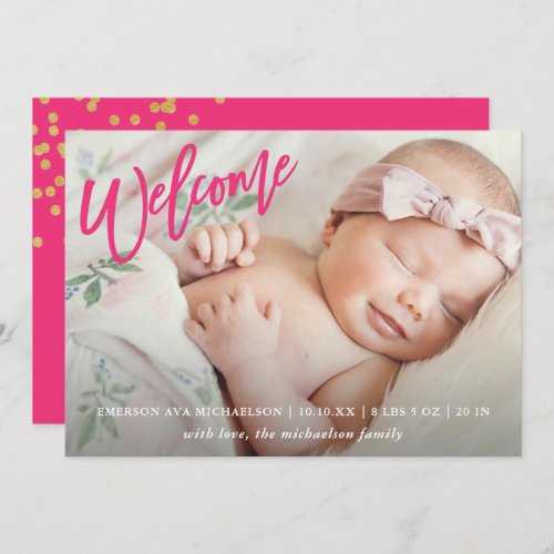 Pink Welcome Script with Faux Gold Confetti Birth Announcement