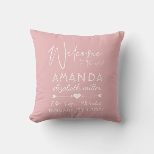 Pink Welcome to the World Baby Girl Birth Stats Throw Pillow