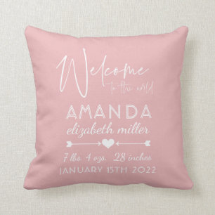 Pink Welcome to the World Baby Girl Birth Stats Throw Pillow