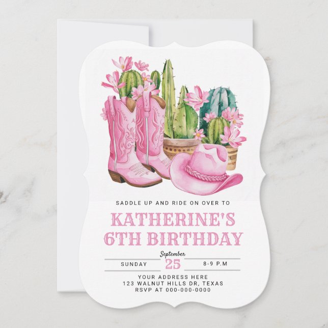 Pink West Cowgirl Cactus Watercolor Birthday (Front)