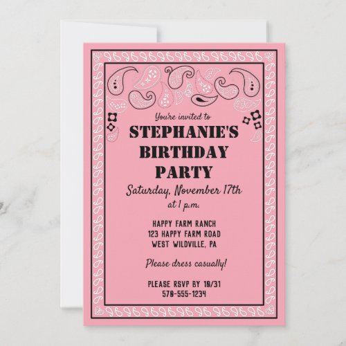 Pink Western Bandana Print Birthday Party Invitation