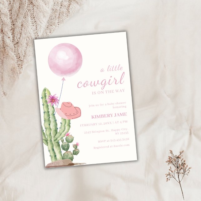 Pink Western Cactus Balloon Cowgirl Baby Shower Invitation (Pink Western Cactus Balloon Cowgirl Baby Shower Invitation)