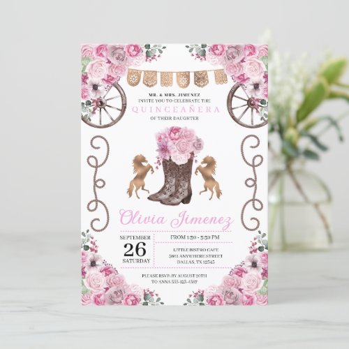 Pink Western Charra Floral Boots Quinceaera Invitation