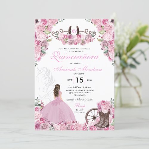 Pink Western Charra Floral Boots Quinceaera Invitation