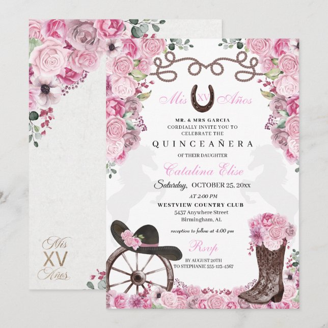 Pink Western Charra Ranchero Quinceanera Invitation (Front/Back)