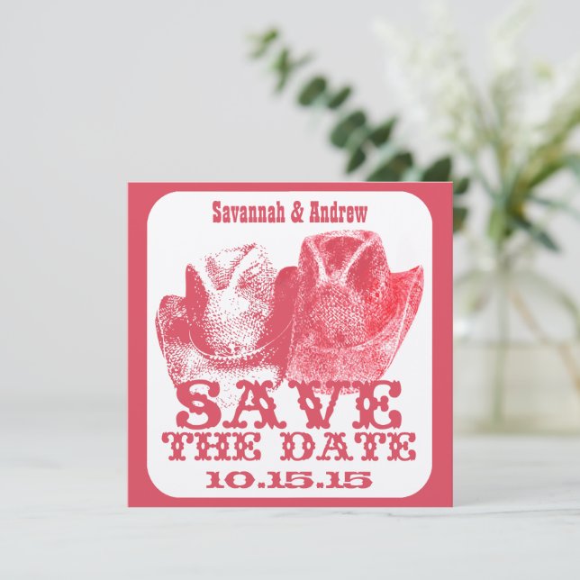 Pink Western Cowboy Cowgirl  Wedding Save the Date (Standing Front)