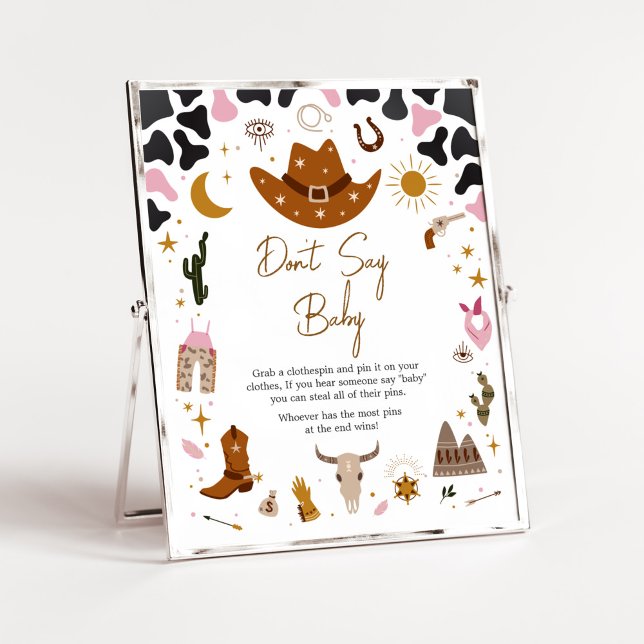 Pink Western Cowgirl Baby Shower Don't Say Baby Poster (Boho Wild West Rodeo Baby Shower Don't Say Baby Sign)