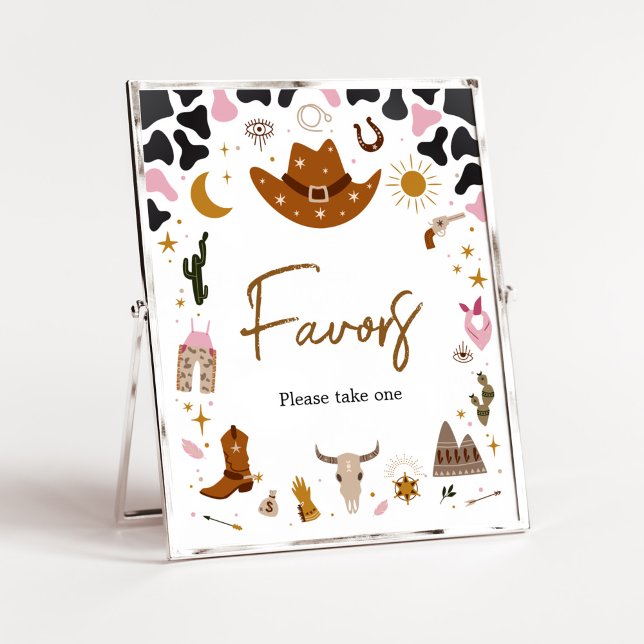 Pink Western Cowgirl Baby Shower Favors Poster (Boho Wild West Rodeo Baby Shower Favors Sign)