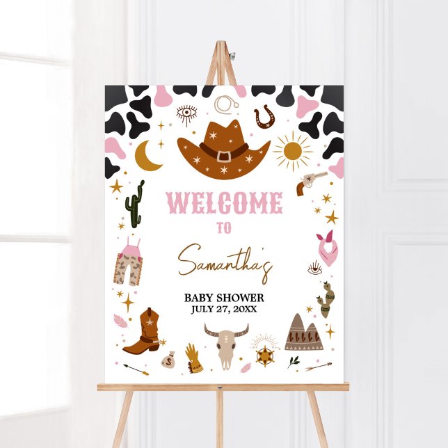 Pink Western Cowgirl Baby Shower Welcome Poster (Boho Wild West Rodeo Baby Shower Welcome Sign)