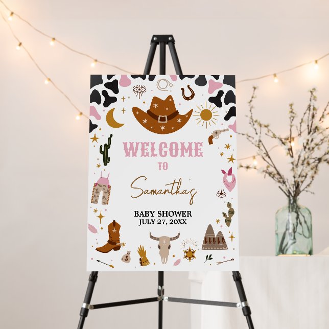 Pink Western Cowgirl Baby Shower Welcome Sign (In Situ (Stand))
