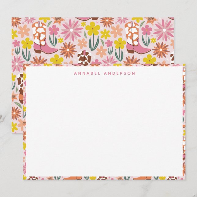 Pink Western Cowgirl Boots Border Personalized Thank You Card (Front/Back)