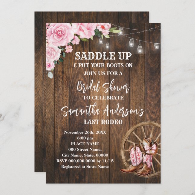 Pink Western Cowgirl Boots Saddle Up Bridal Shower Invitation (Front/Back)