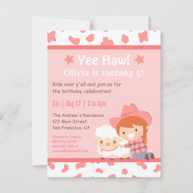 Pink Western Cowgirl Farm Kids Birthday Party Invitation (Front)