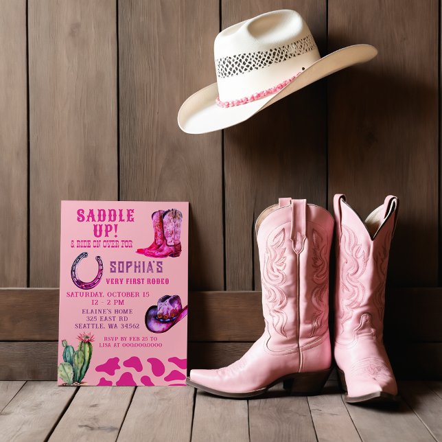 Pink Western Cowgirl First Rodeo Girls Birthday Invitation (Pink Western Cowgirl First Rodeo Girls Birthday Invitation)