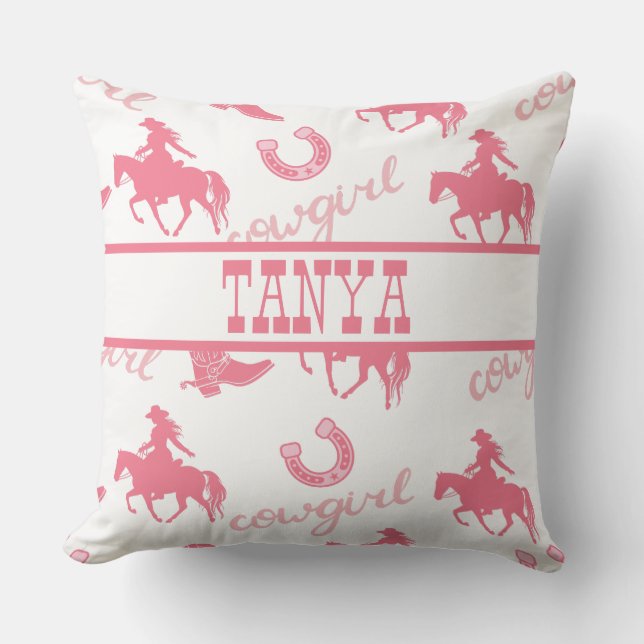 Pink Western Cowgirl Pillow Can Be Personalized (Front)