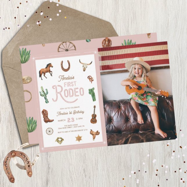 Pink Western First Birthday Rodeo Baby Girl Invita Invitation