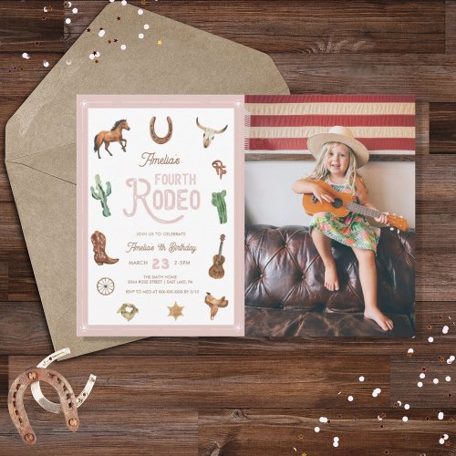 Pink Western Fourth Birthday Rodeo Baby Girl  Invitation