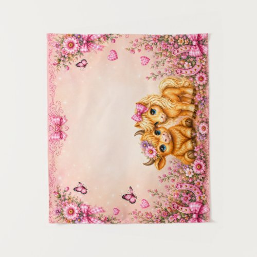 Pink Western Highland Cow & Pony Baby Shower Photo Tapestry