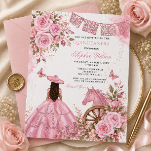 Pink Western Horse Floral Charra Quinceañera Invitation