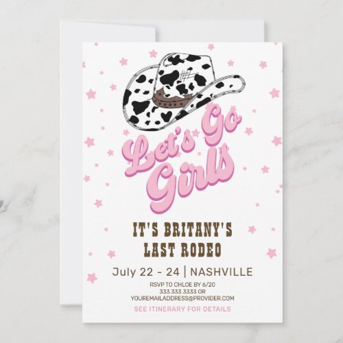 Pink Western Lets Go Girls Bachelorette Party  Invitation