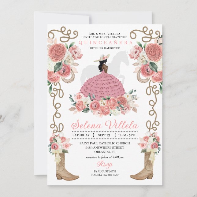Pink Western Mariachi Charro Princess  Quinceañera Invitation (Front)