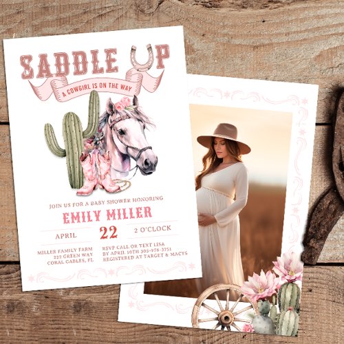 Pink Western Watercolor Photo Baby Girl Shower Invitation