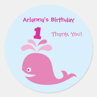 Pink Whale 1st Birthday Favor Sticker