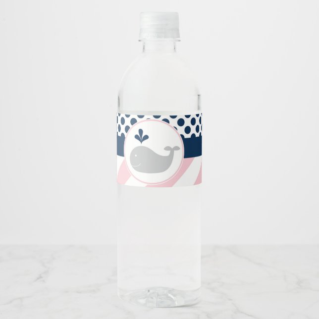 Pink Whale Baby Shower Water Bottle Labels (Front)
