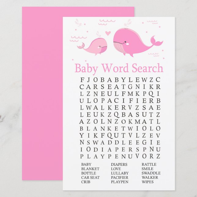 Pink Whale Baby Shower Word Search Game (Front/Back)