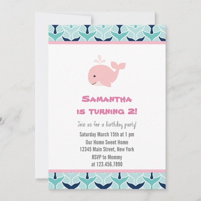 Pink Whale Birthday Party Invitation (Front)