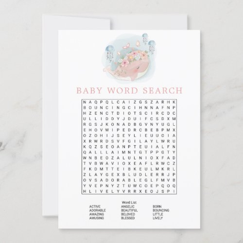 Pink Whale Girl Baby Shower Word Search Game Invitation