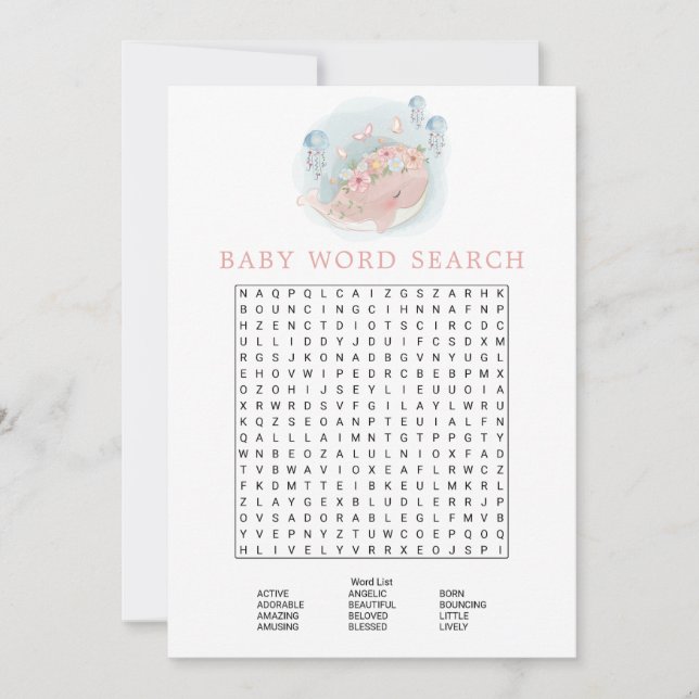 Pink Whale Girl Baby Shower Word Search Revised Invitation (Front)