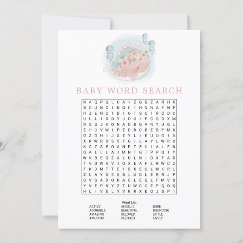 Pink Whale Girl Baby Shower Word Search Revised Invitation