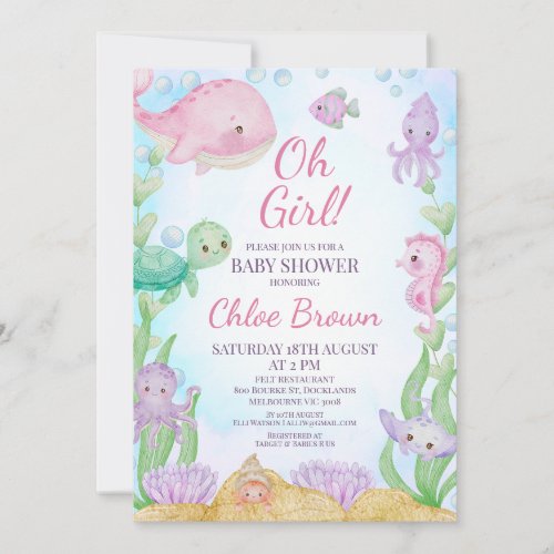 Pink Whale Girls Under the Sea Baby Shower Invitation