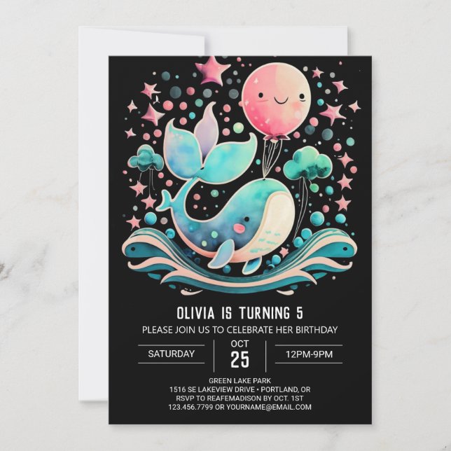 Pink Whale Nautical Girl Birthday Invitation (Front)