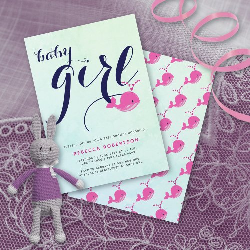 Pink whale navy typography ocean baby girl shower invitation