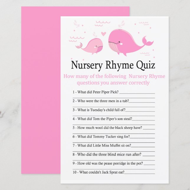 Pink Whale Nursery Rhyme Quiz baby shower game (Front/Back)