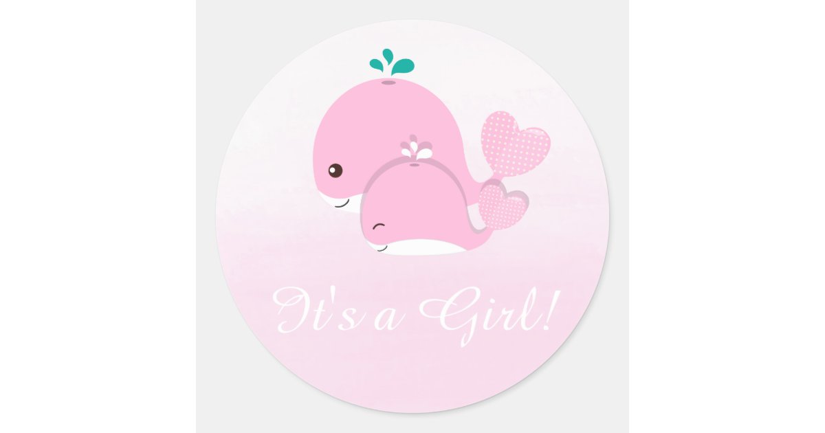 Pink Whale Ombre Its a Girl Baby Shower sticker | Zazzle