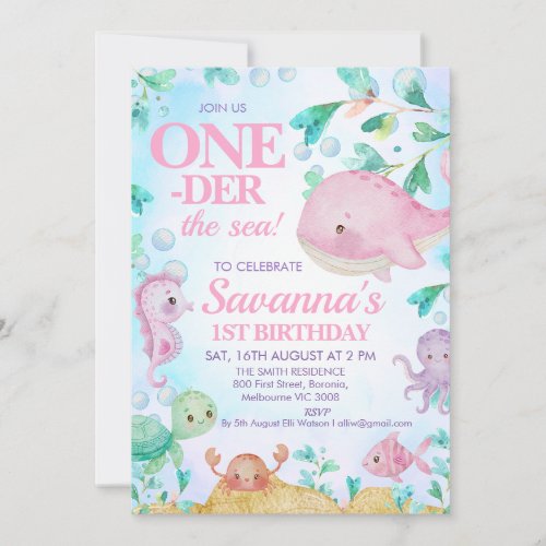 Pink Whale One_der the Sea Creatures 1st Birthday Invitation
