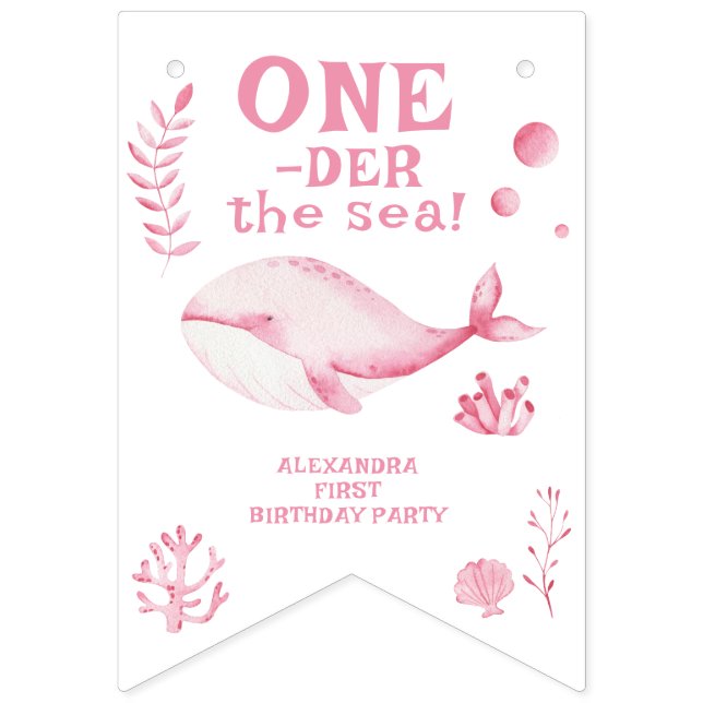 Pink Whale Oneder The Sea 1st Birthday  Bunting Flags (First Flag)