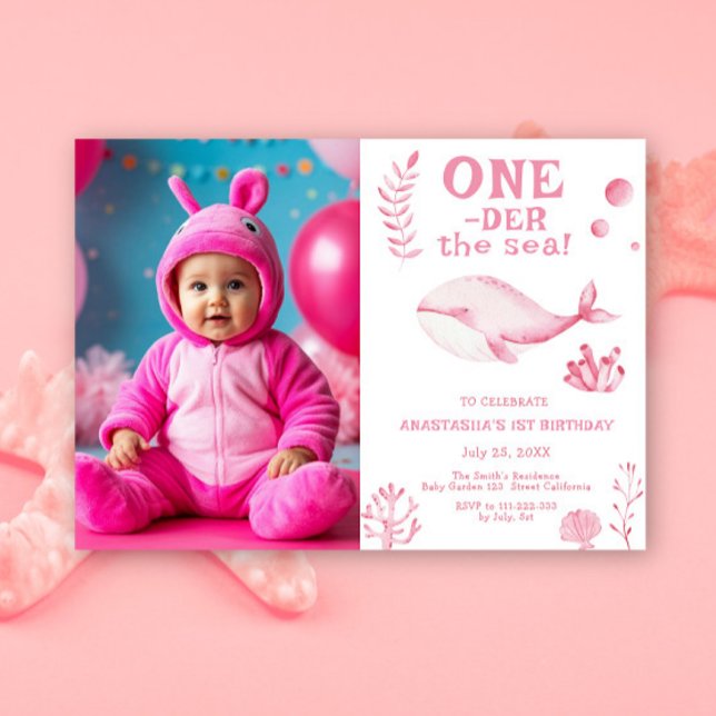 Pink Whale Oneder The Sea 1st Birthday  Invitation (Creator Uploaded)