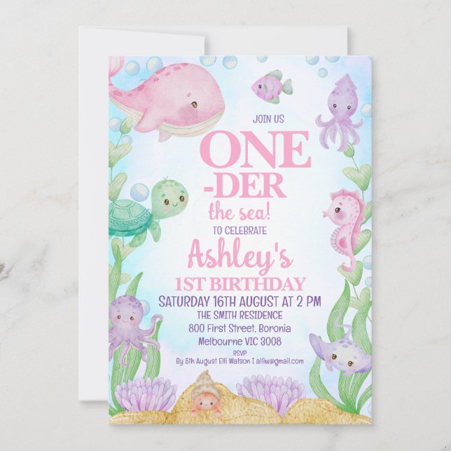 Pink Whale Oneder the Sea 1st Birthday Invitation (Front)